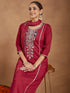 Janasya Women's Maroon Silk Blend Embroidered Straight Kurta Set